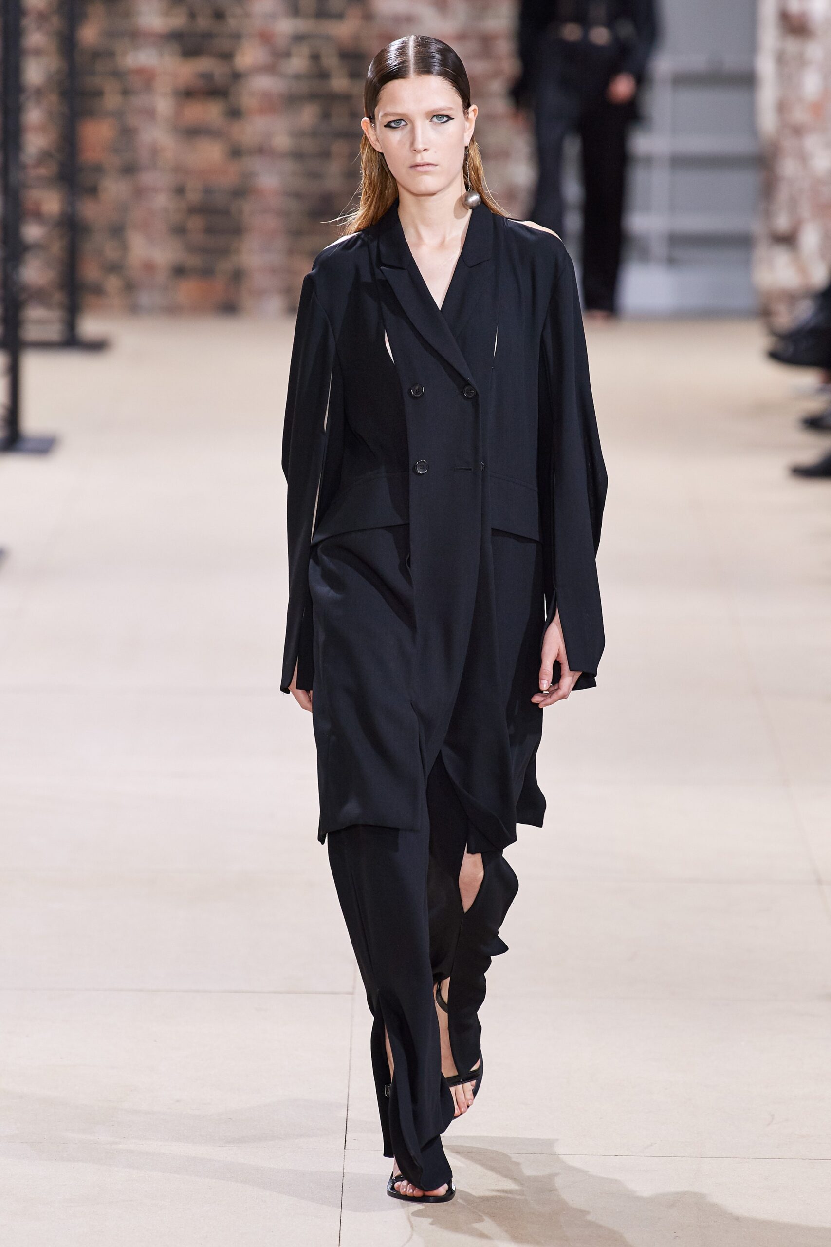 black silk relaxed jacket and fitted pants