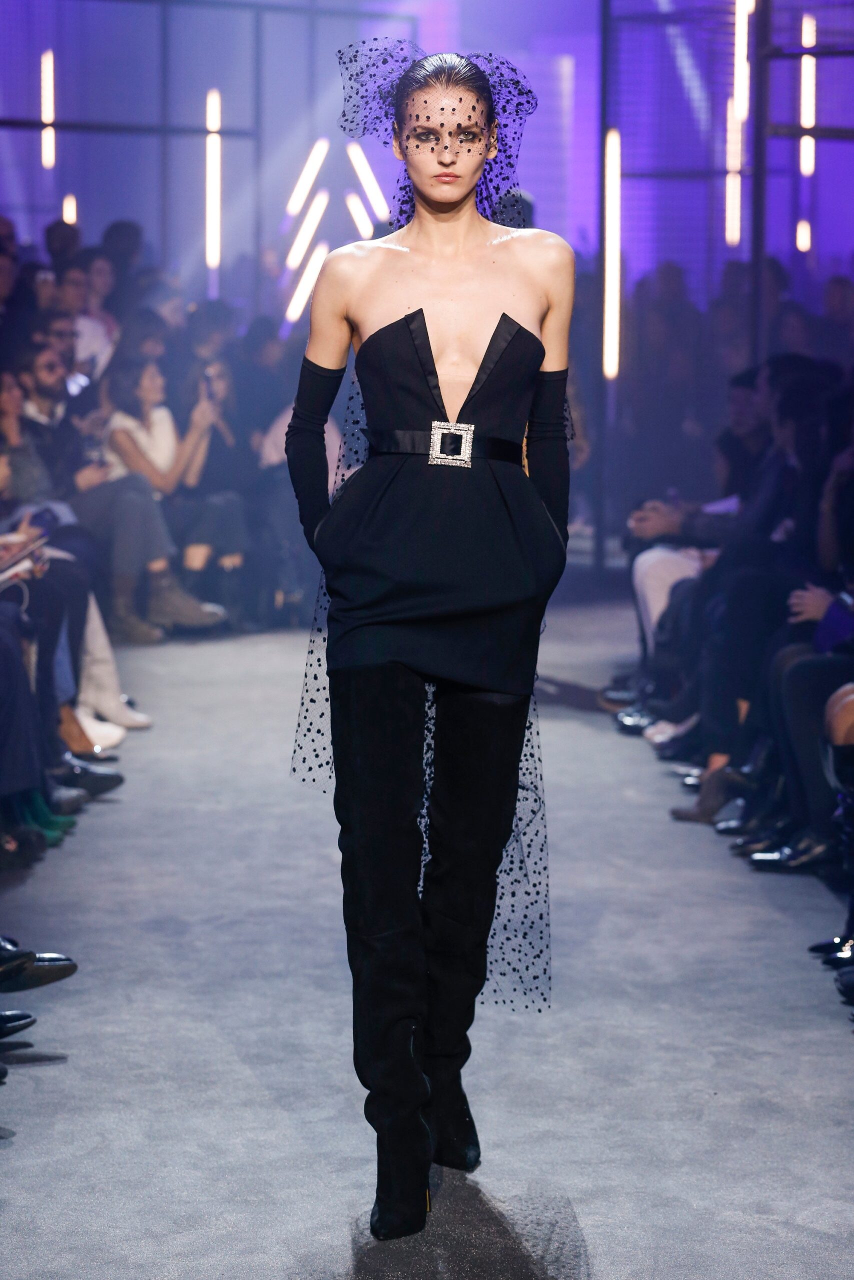black silk fitted jumpsuit with veil