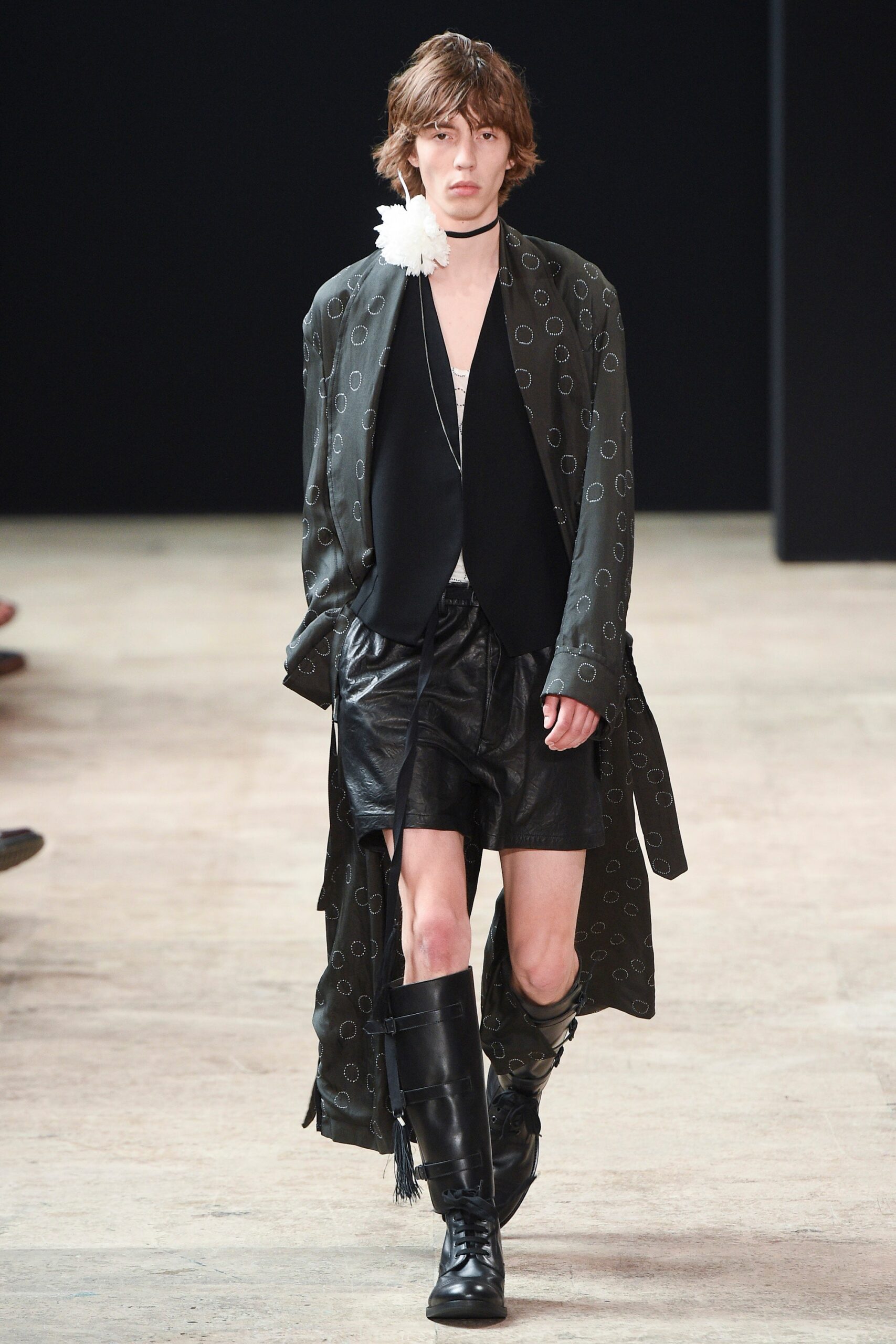 black silk coat with leather shorts