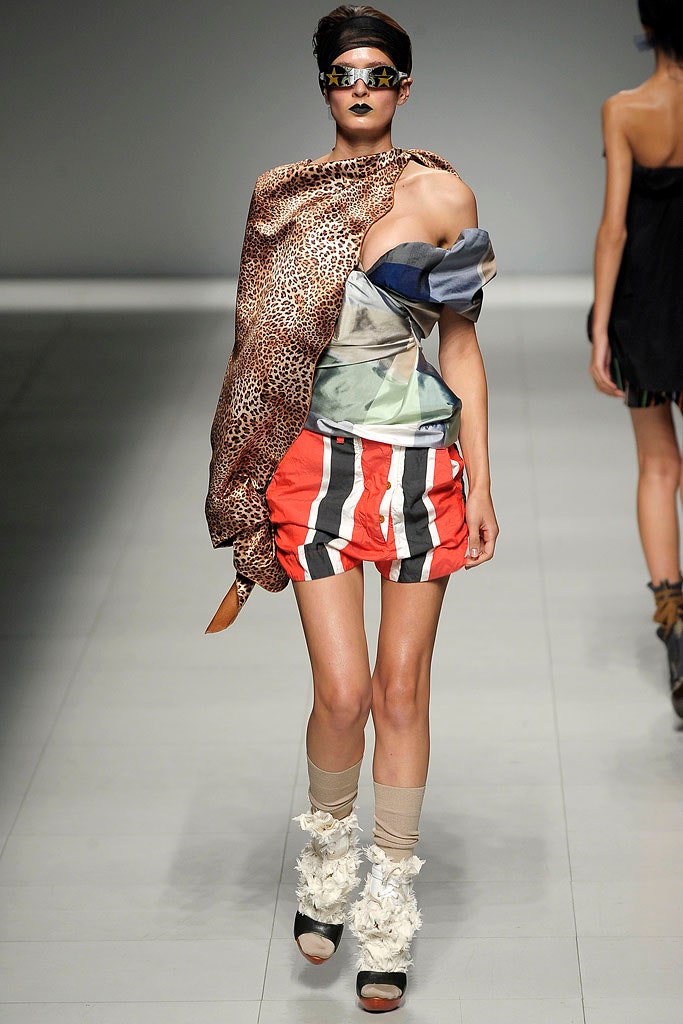 multi-colored fitted top and striped skirt
