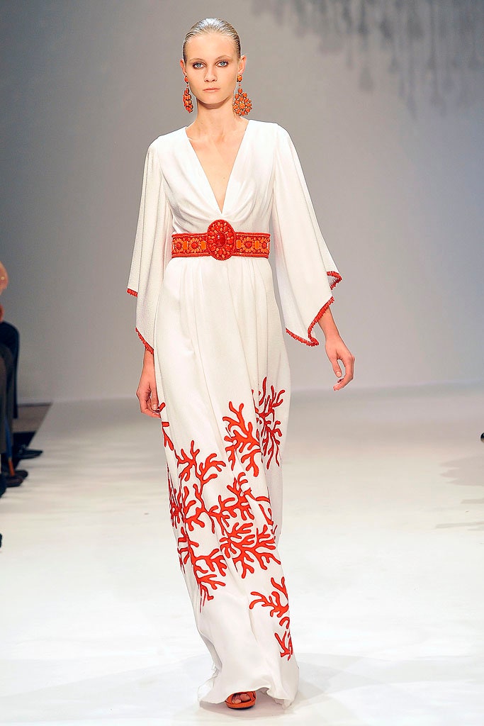white silk embroidered gown
