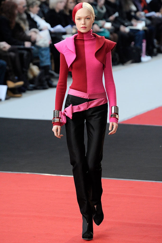 red long-sleeve high-neck fitted color-blocked top