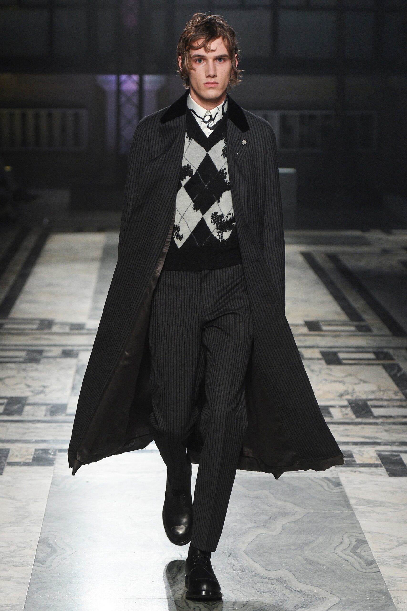 tailored black wool coat with argyle sweater