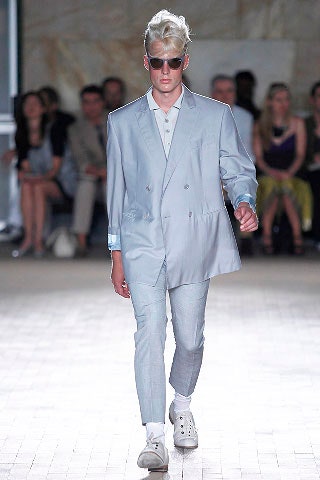 blue silk long-sleeve collared oversized buttoned shiny suit
