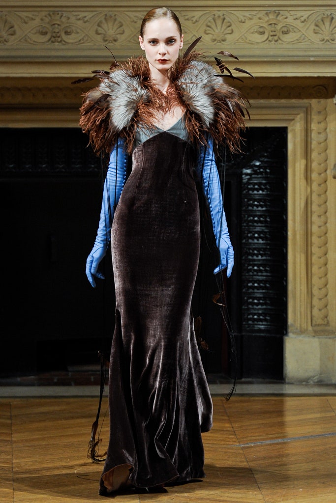 brown velvet fitted gown with fur cape