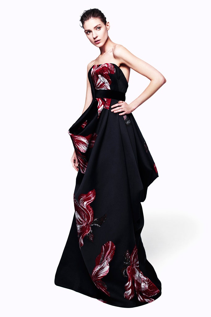 black silk strapless gown