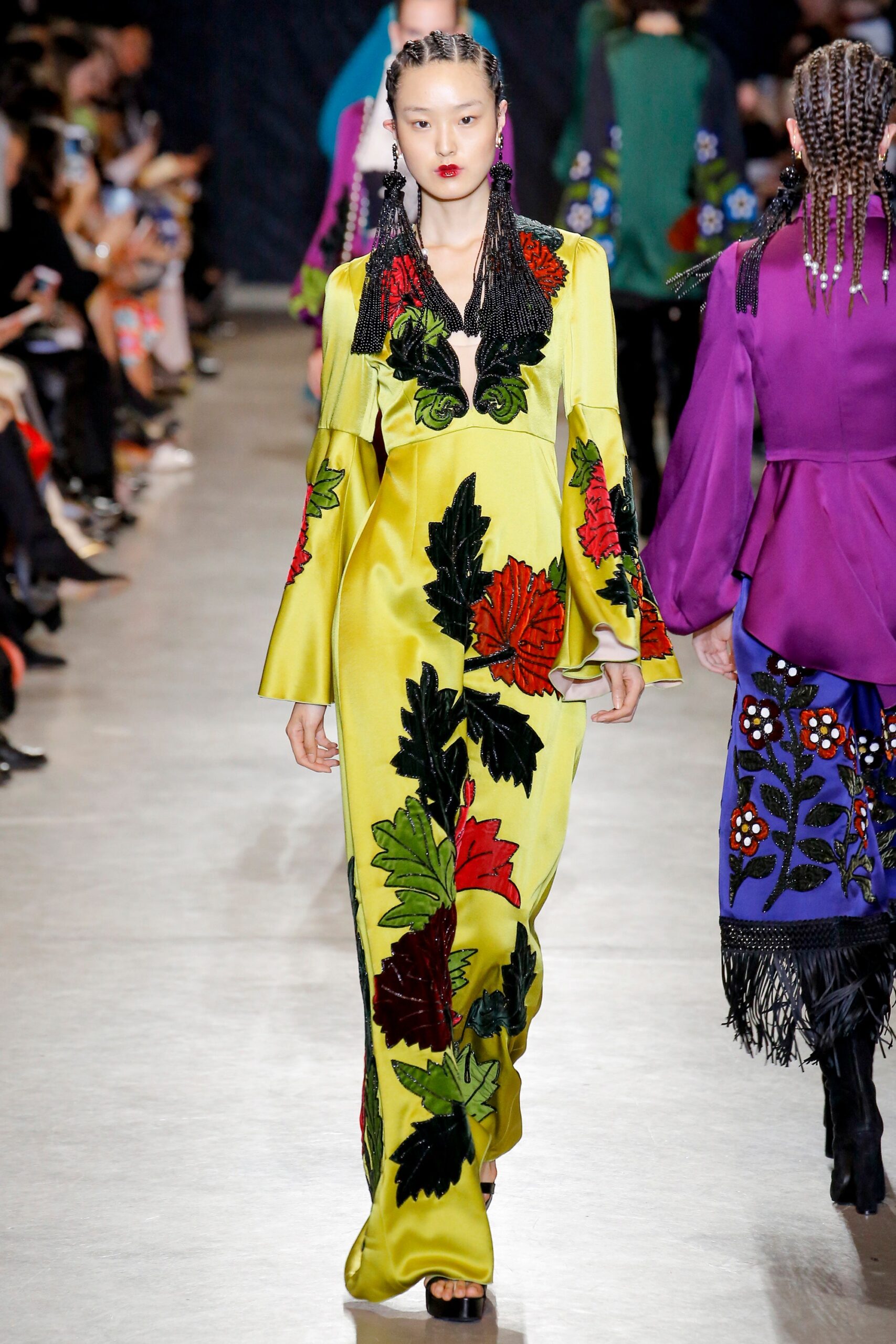 yellow embroidered long-sleeve gown