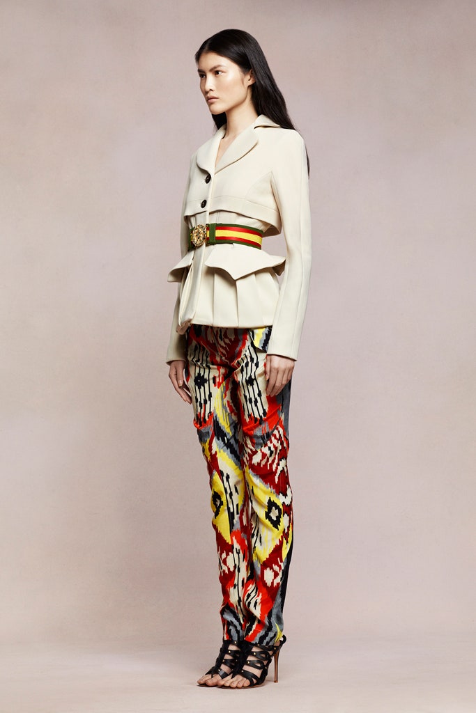 white tailored blazer with multi pants