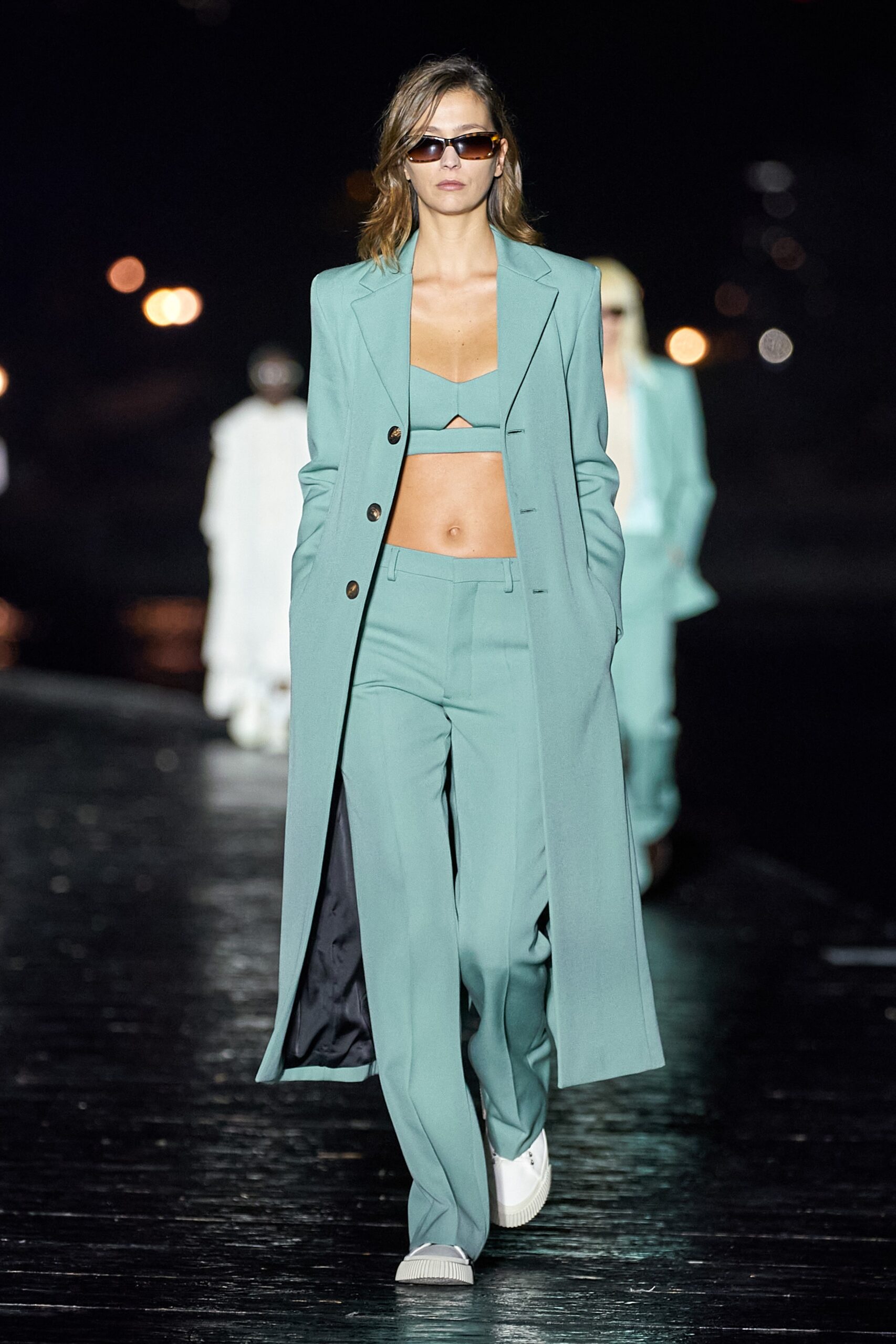 blue tailored coat with cropped top