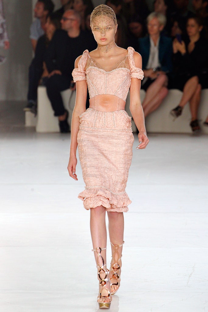 pink cotton sleeveless off-shoulder fitted ruched tiered dress