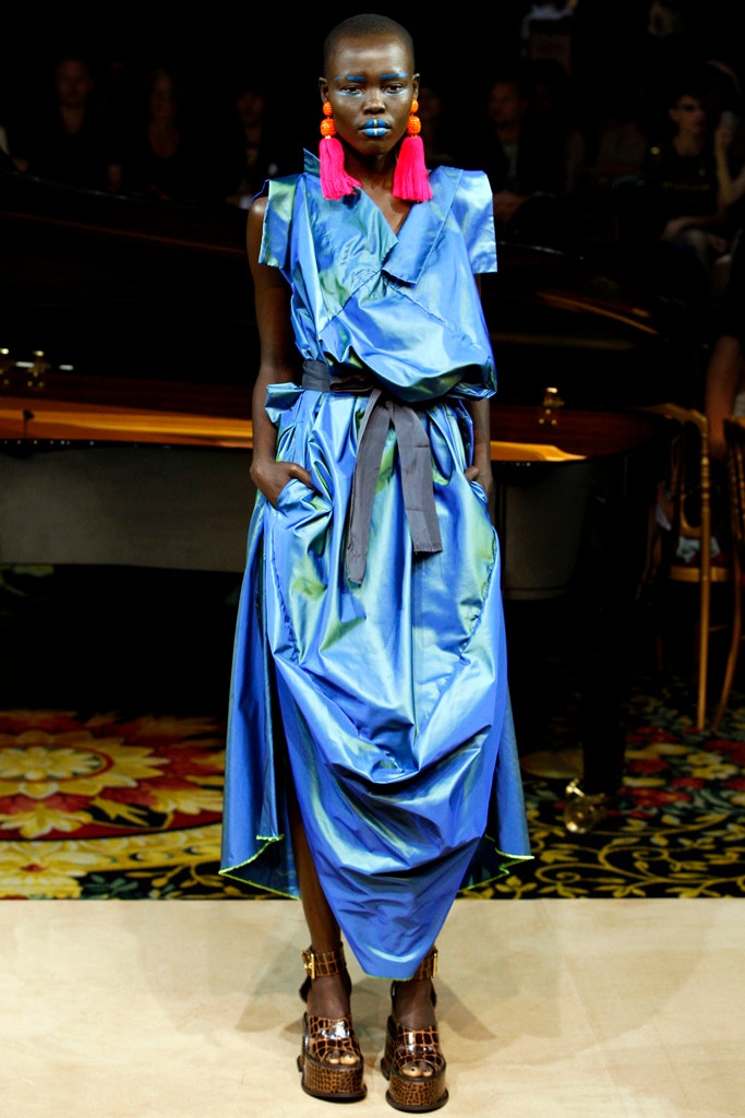 blue draped midi dress