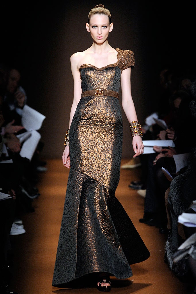 black and gold strapless gown