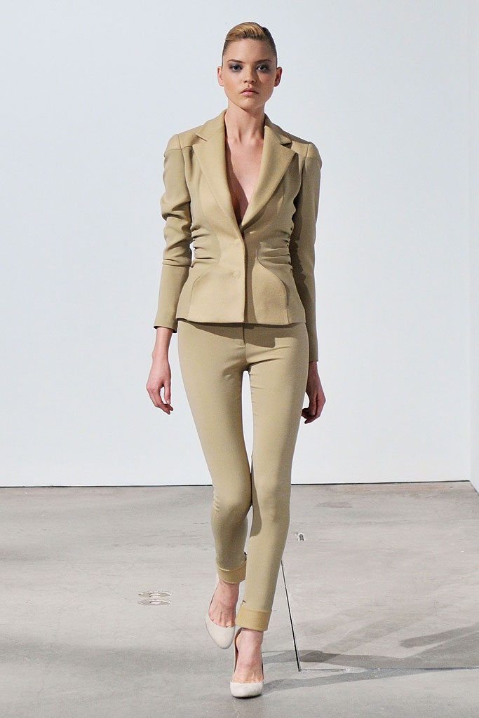 beige fitted blazer and pants