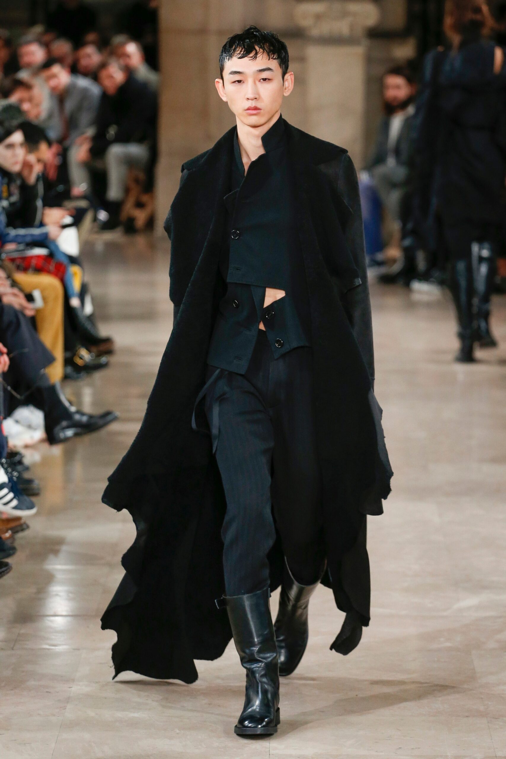 black wool coat and fitted top
