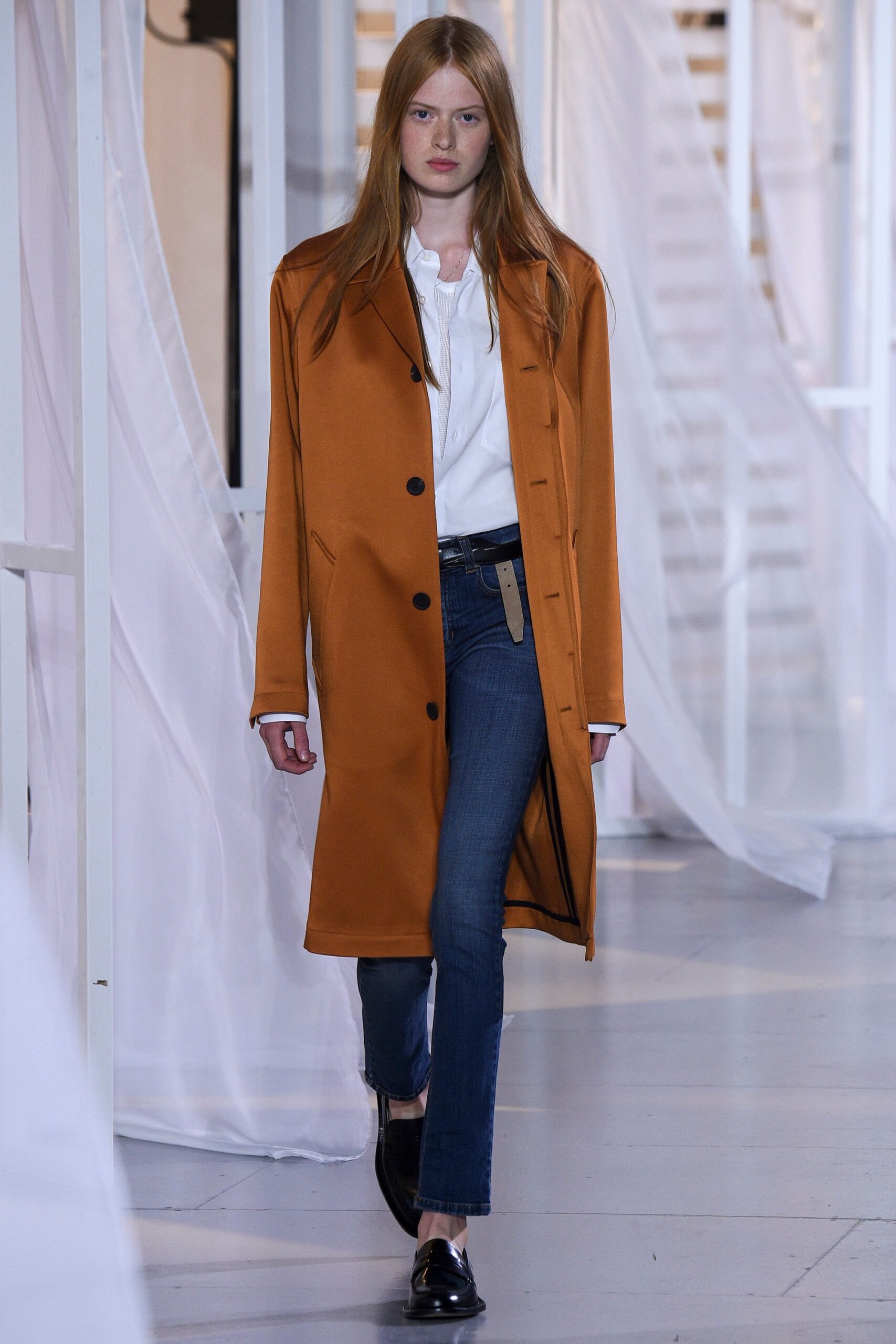orange cotton long-sleeve collared relaxed buttoned coat