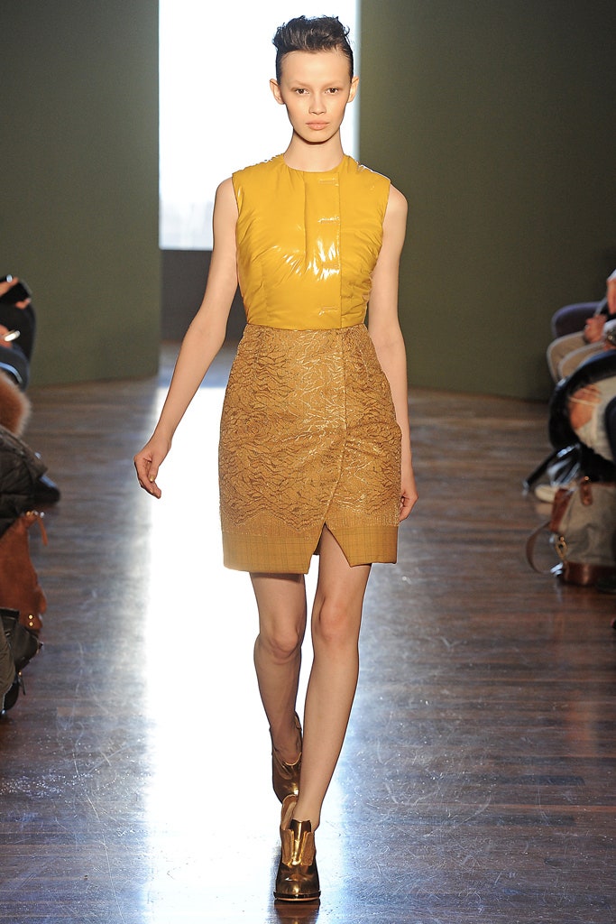 fitted yellow vinyl mini dress