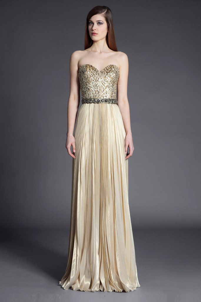 gold silk strapless gown