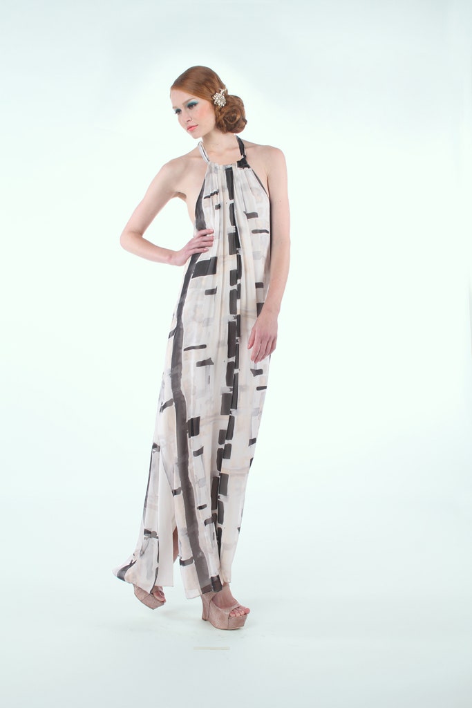 white and black draped maxi dress