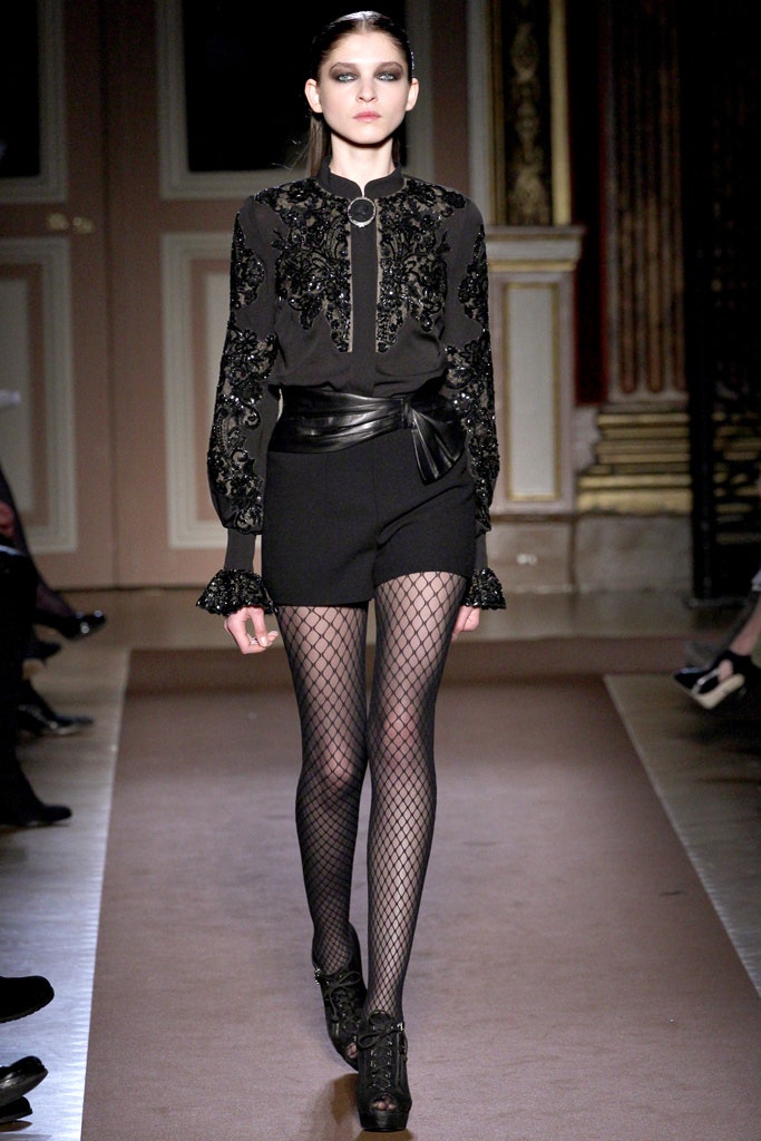 black silk long-sleeve collared fitted embroidered blouse