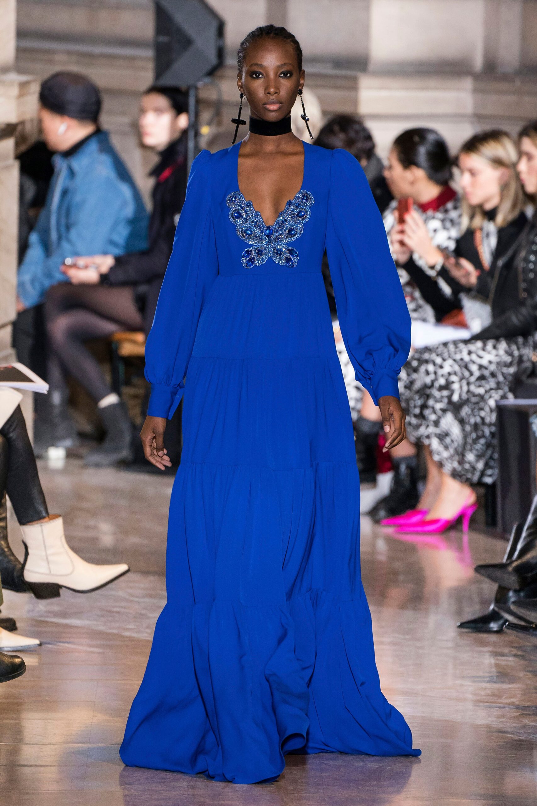 blue silk long-sleeve gown
