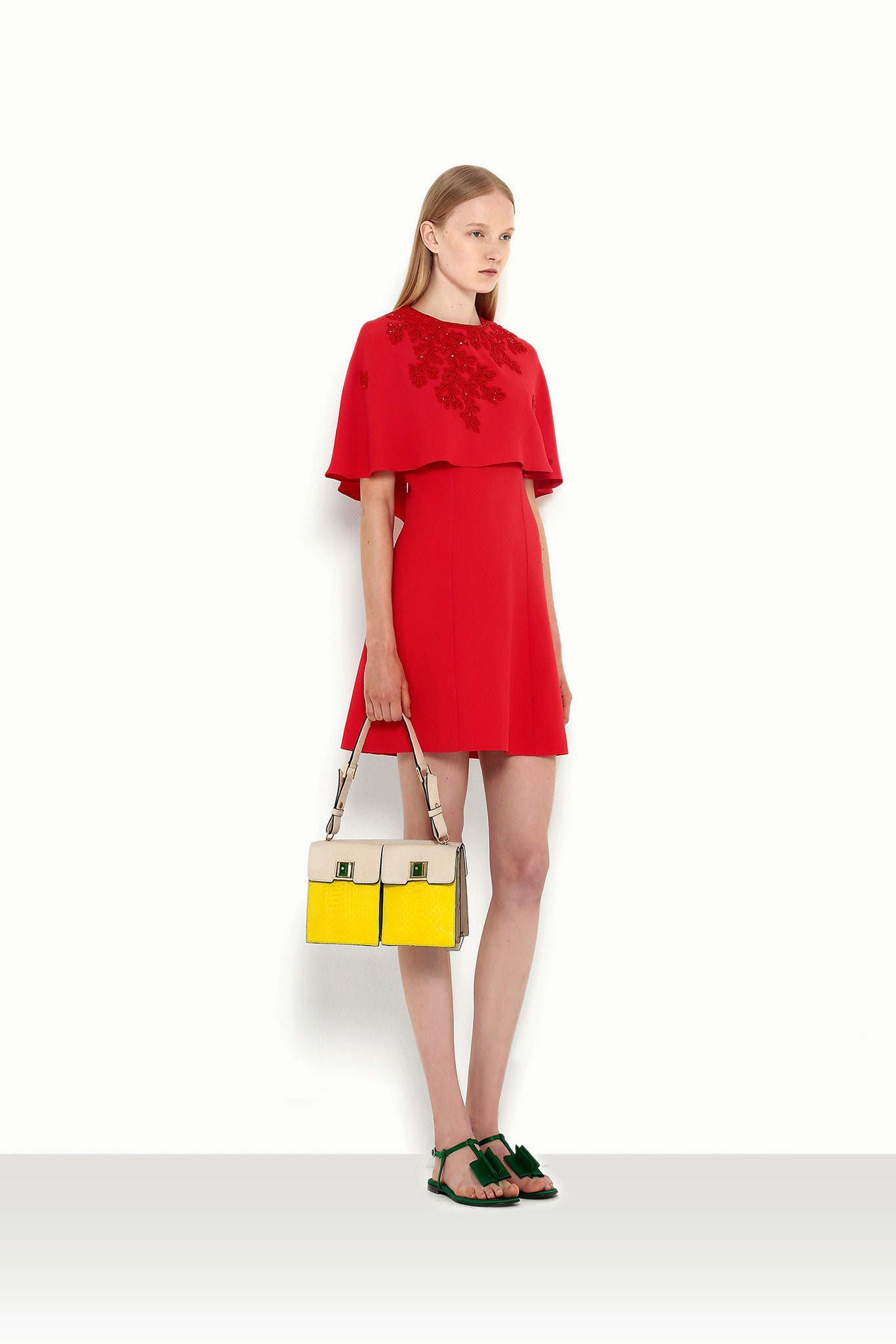 red cotton sleeveless high-neck fitted pleated mini dress