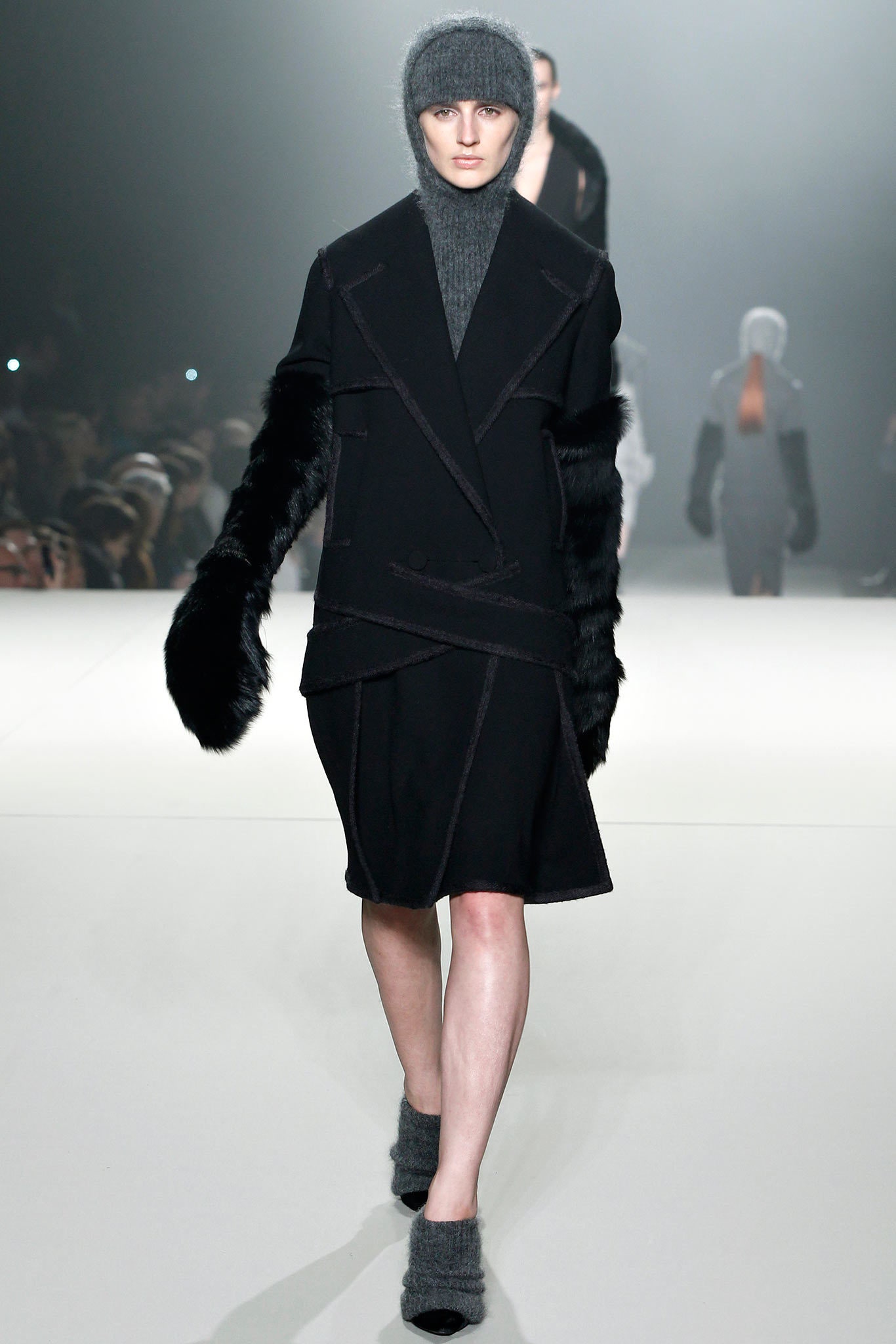 black wool coat gray sweater