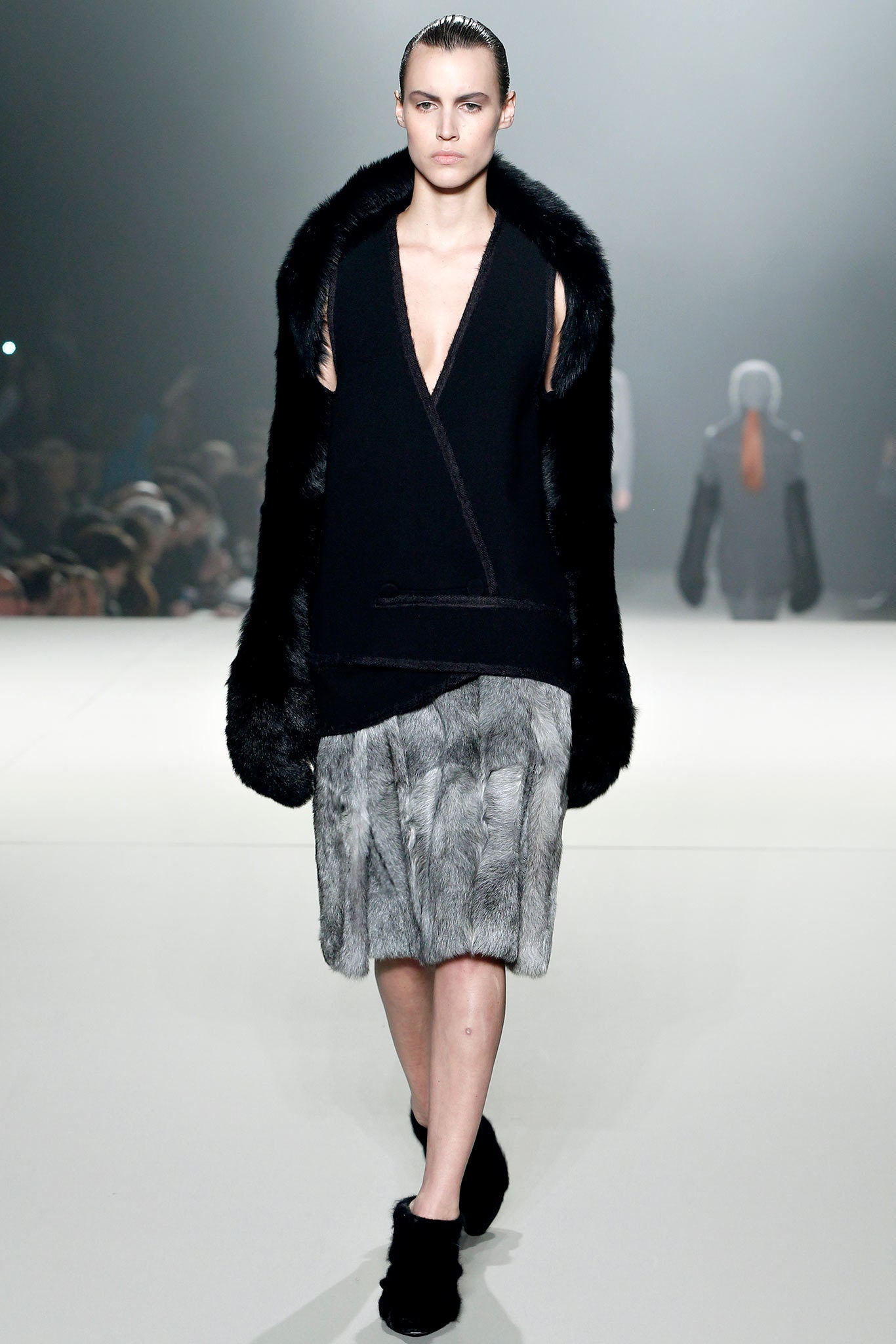 black faux-fur layered dress