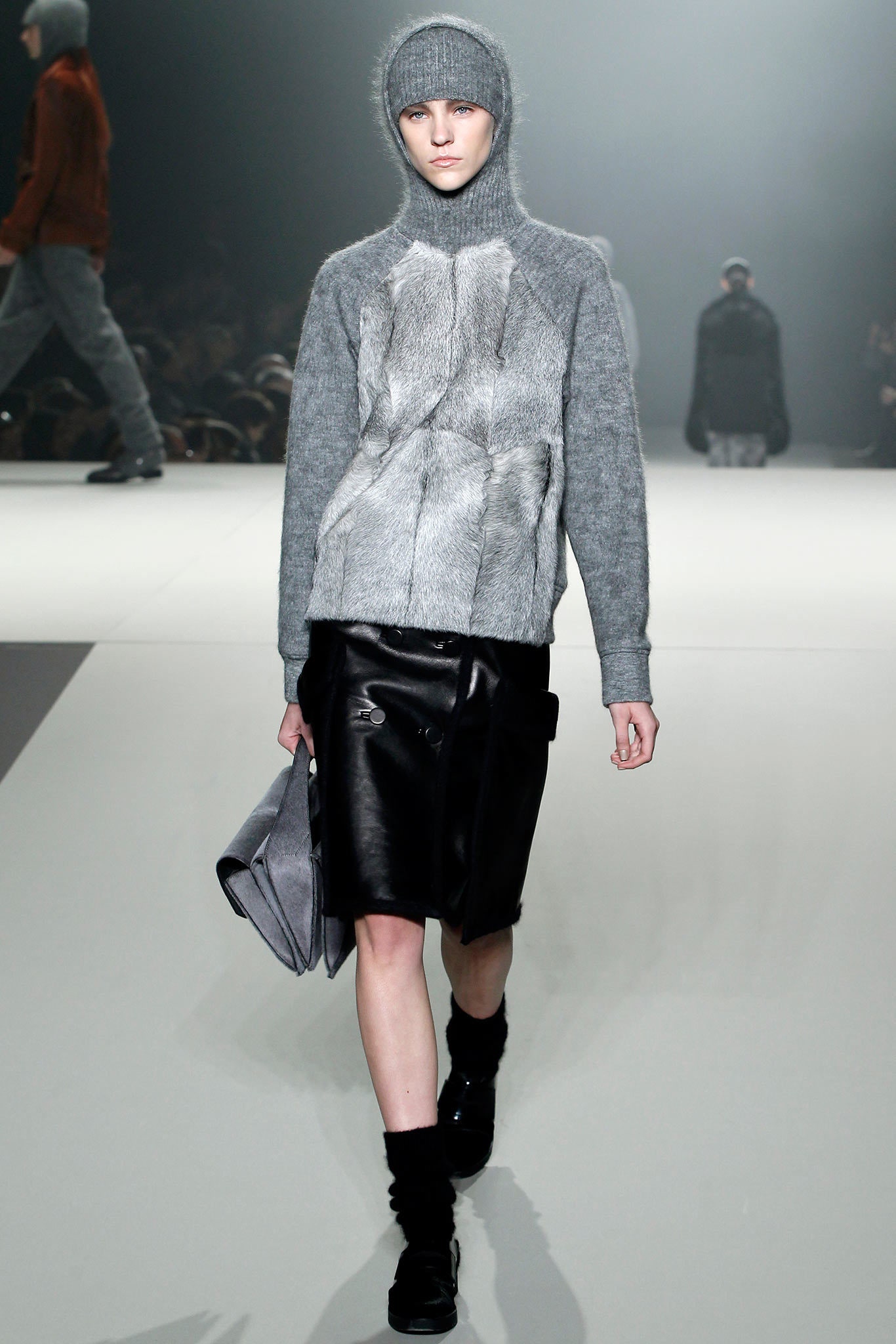 gray wool long-sleeve high-neck fitted textured sweater