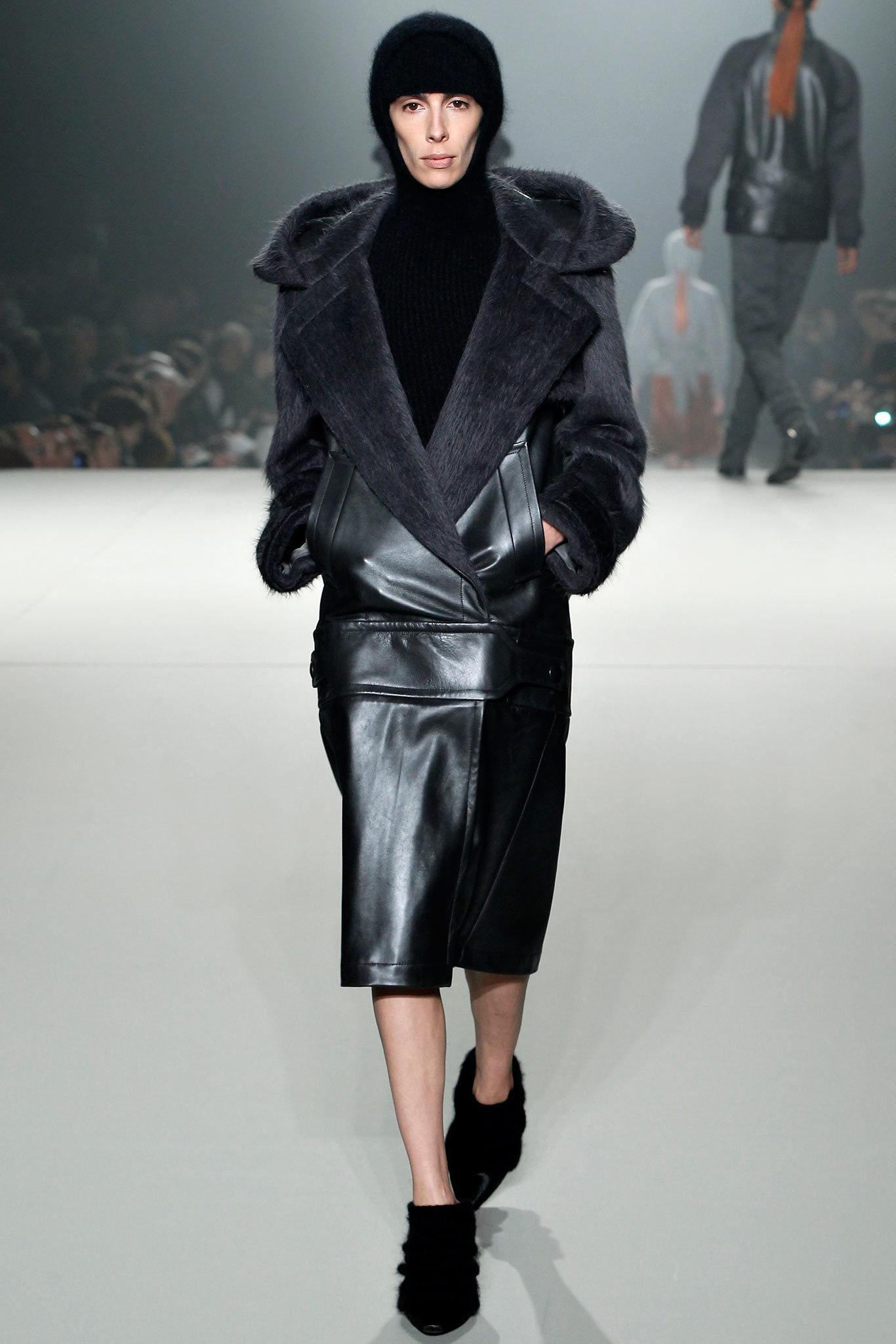 black leather fitted coat and skirt
