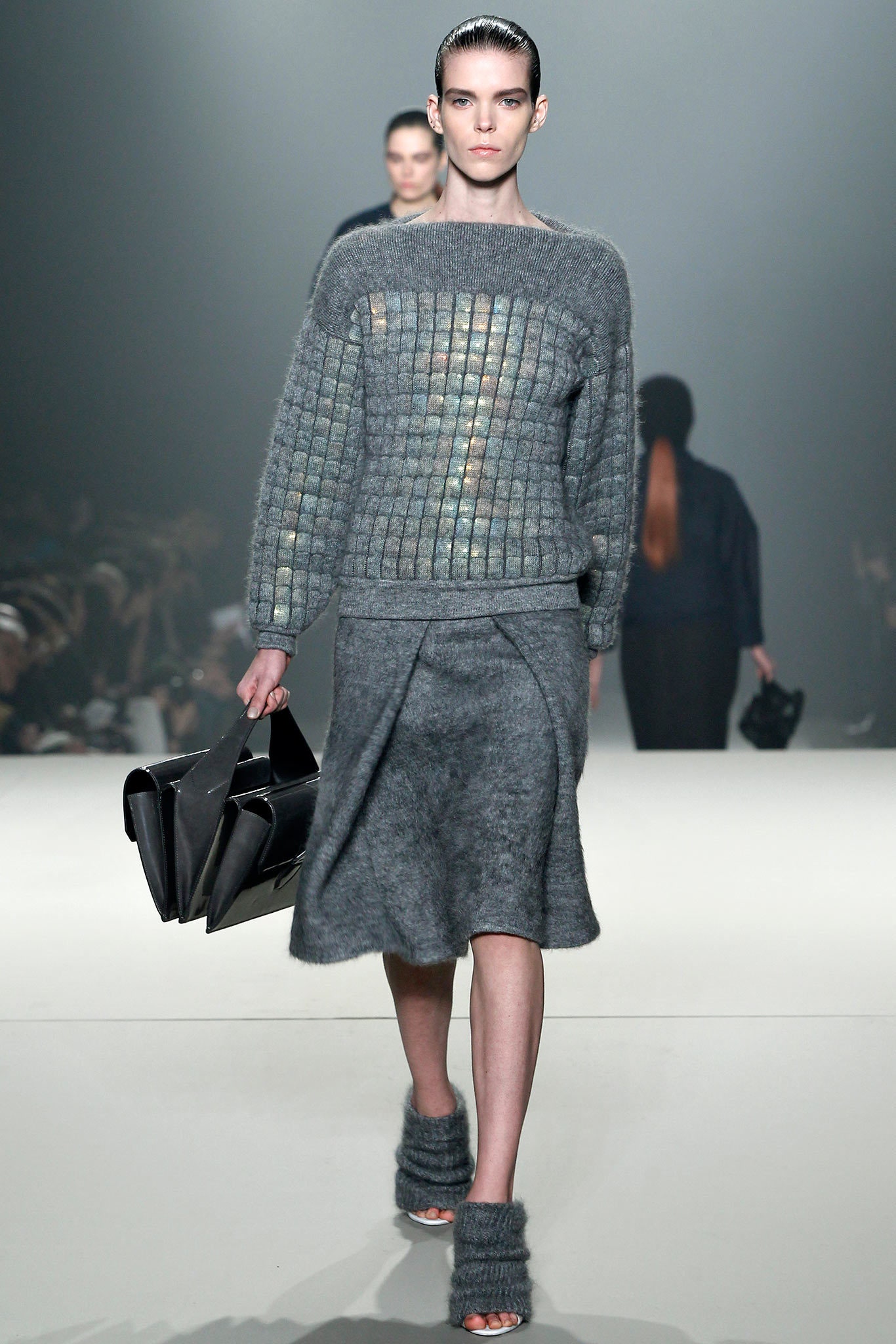 gray wool asymmetric fitted high-waisted skirt