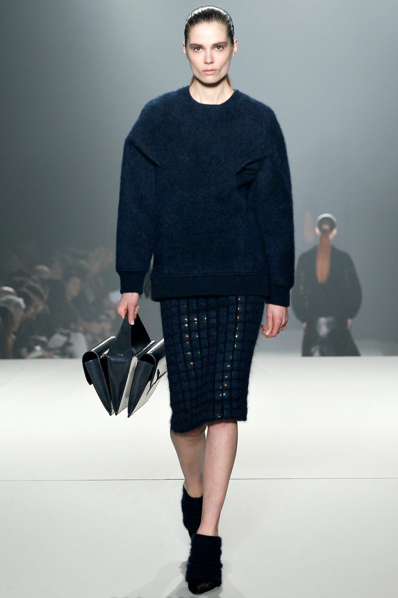 blue wool long-sleeve collared oversized sweater