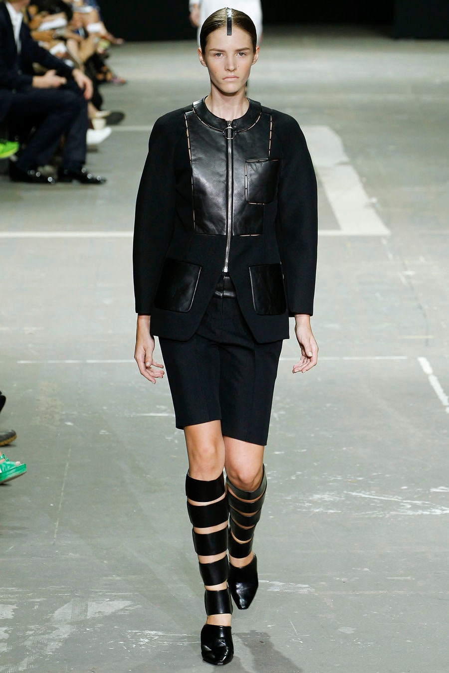 black leather long-sleeve collared structured zippered pockets jacket