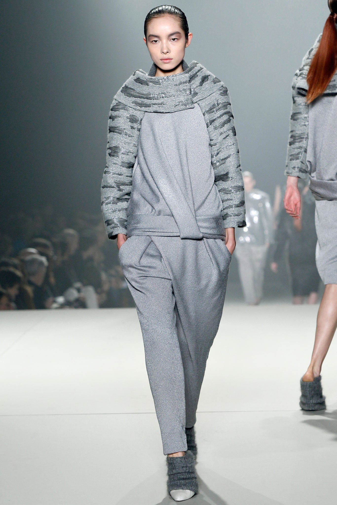 gray wool long-sleeve high-neck relaxed draped top