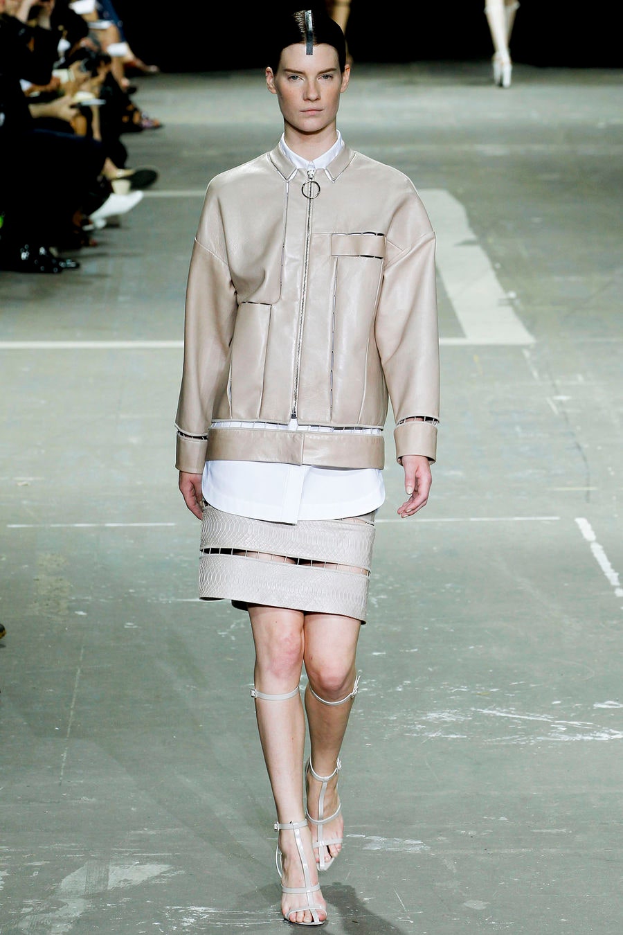 beige leather long-sleeve collared oversized zippered jacket