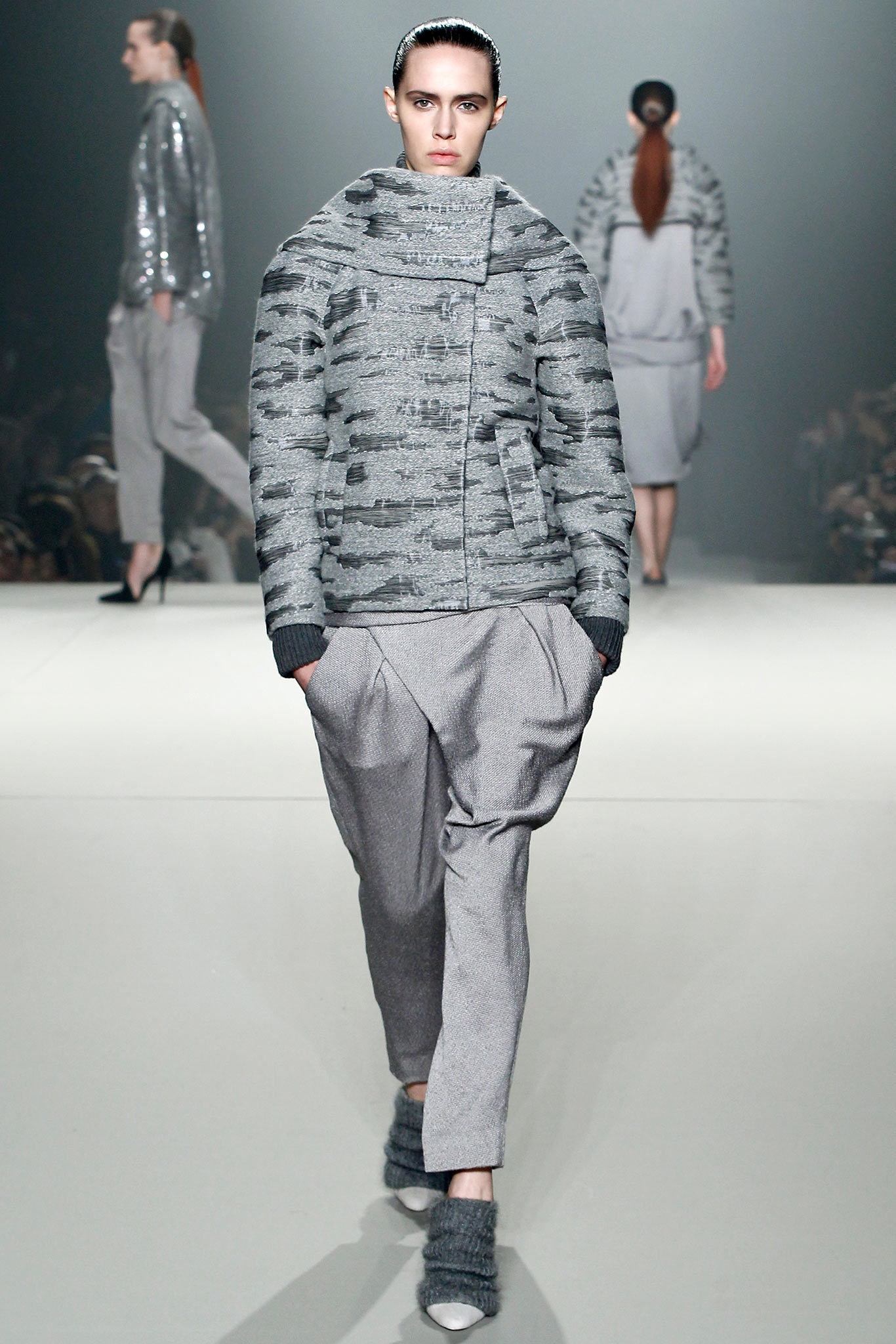gray wool relaxed jacket and fitted pants