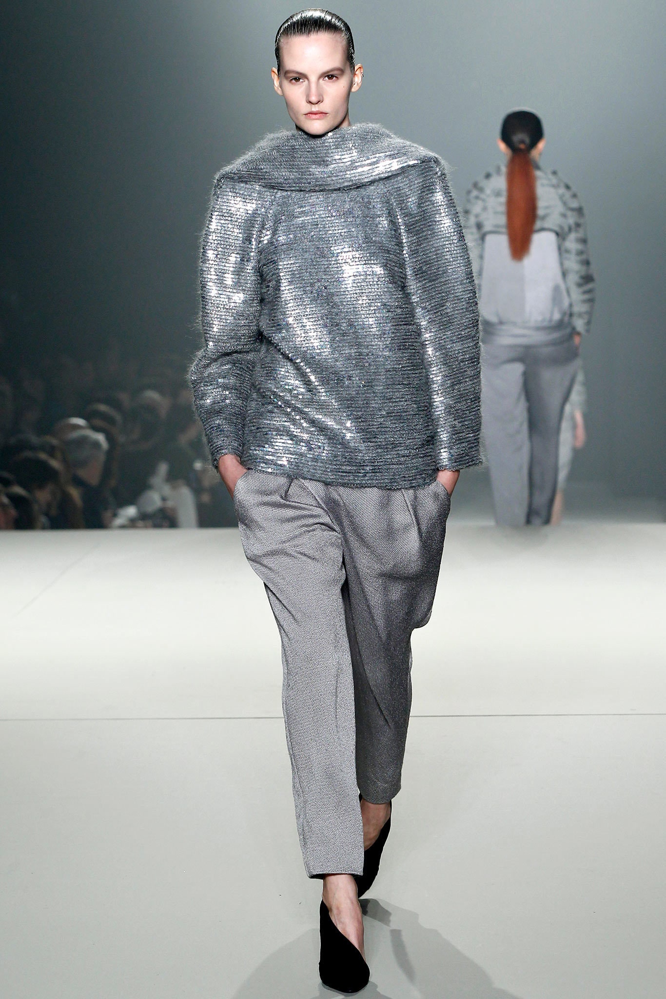 gray metallic long-sleeve high-neck relaxed draped shiny sweater