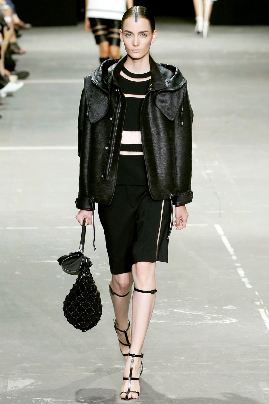 black leather long-sleeve hooded fitted zippered jacket