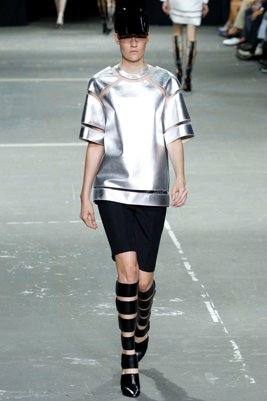 gray metallic short-sleeve collared relaxed structured shiny top