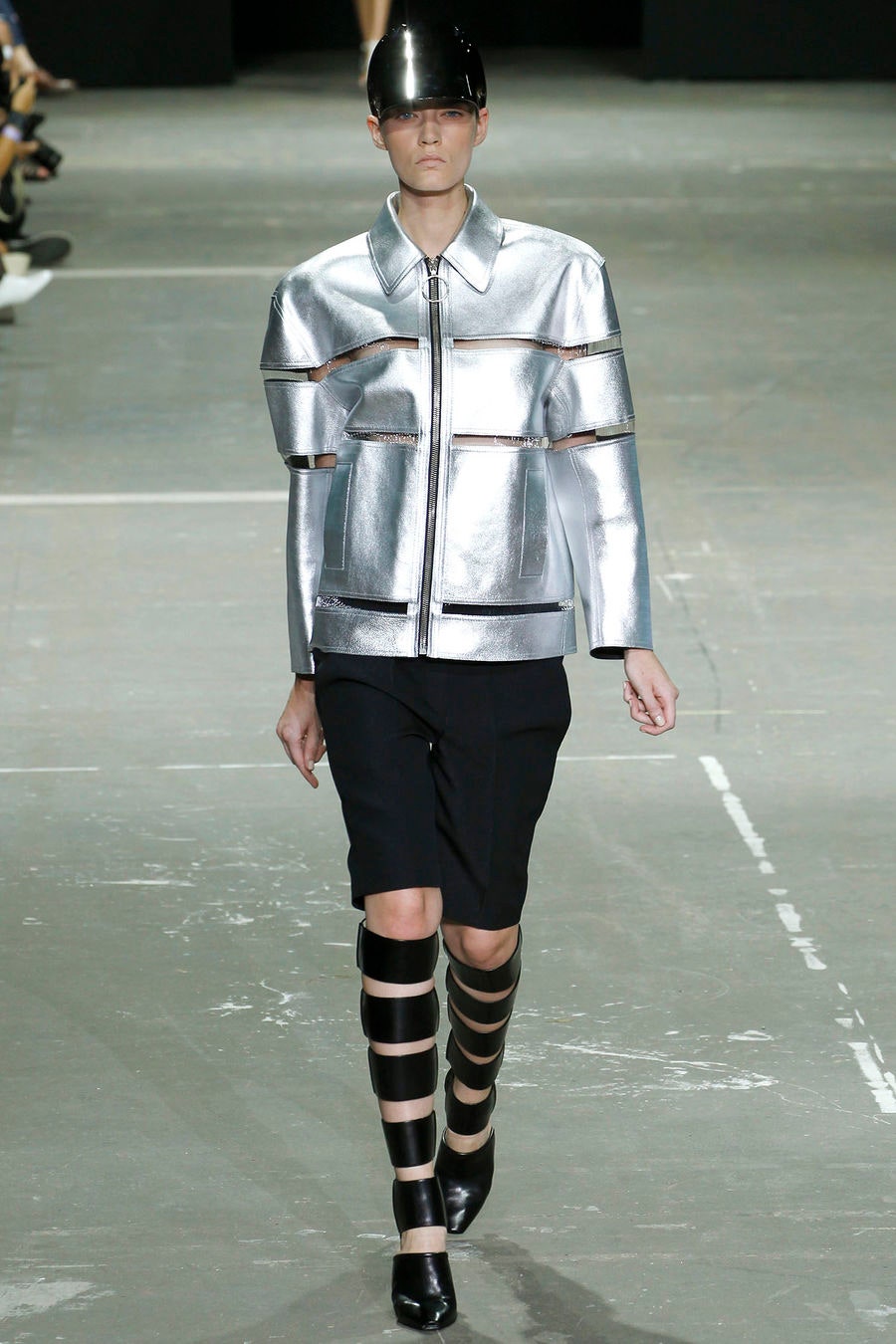 gray metallic long-sleeve collared structured zippered layered jacket