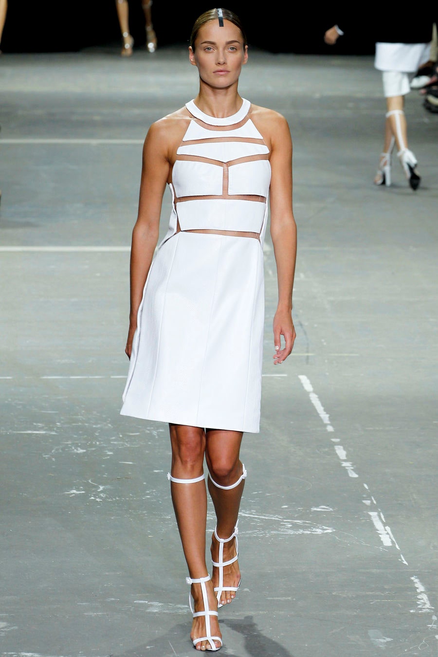 white leather sleeveless high-neck fitted structured mini dress