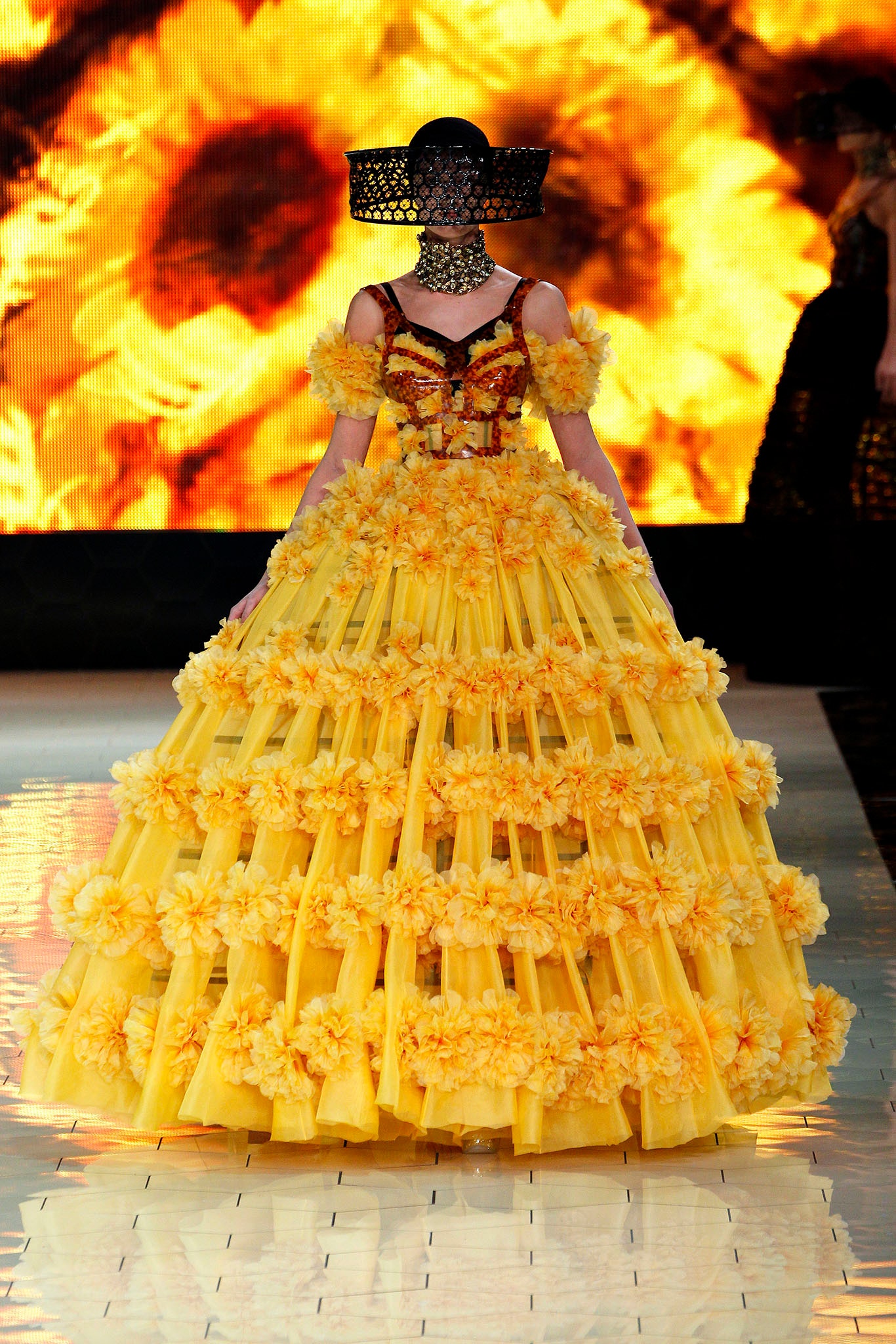 yellow tiered ruffled gown