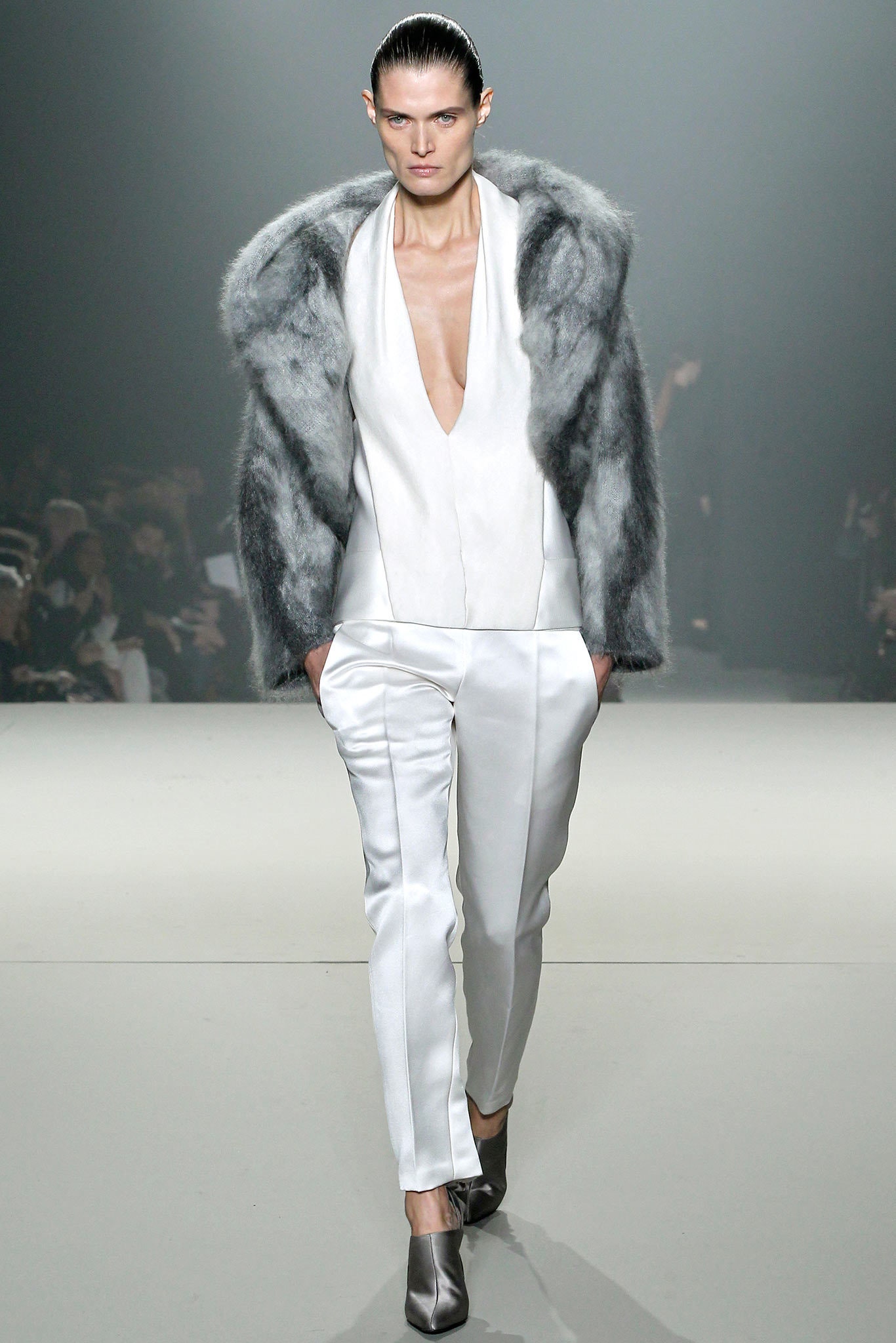 white silk fitted blazer and pants