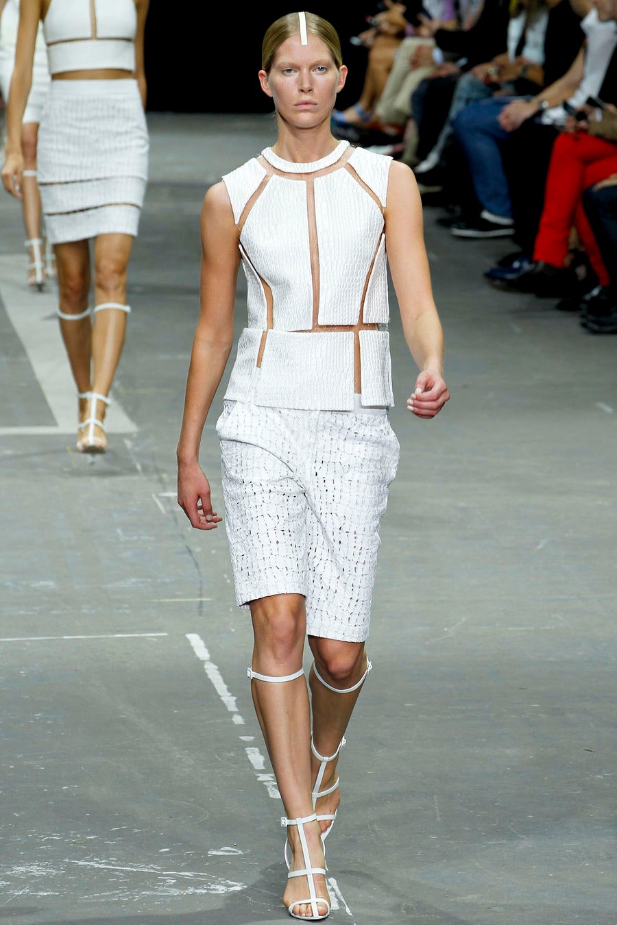 white cotton sleeveless high-neck fitted structured top