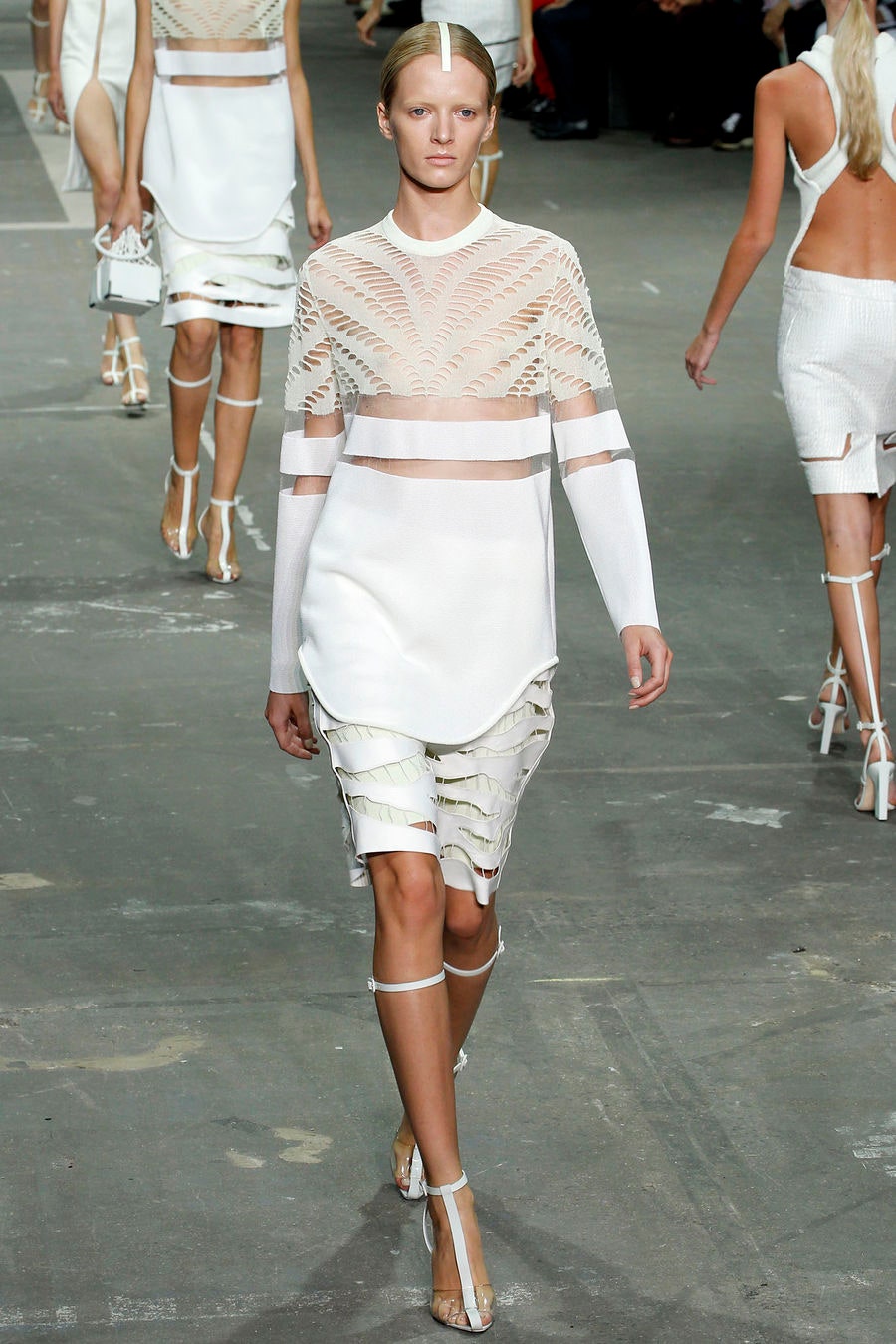 white mesh long-sleeve high-neck fitted layered sheer top