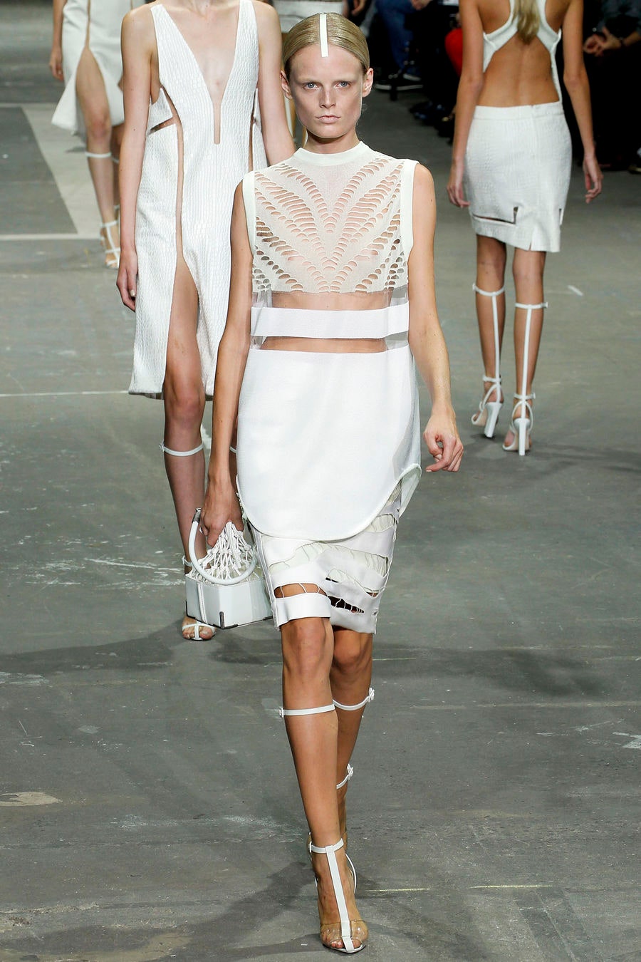 white silk sleeveless high-neck fitted layered sheer dress