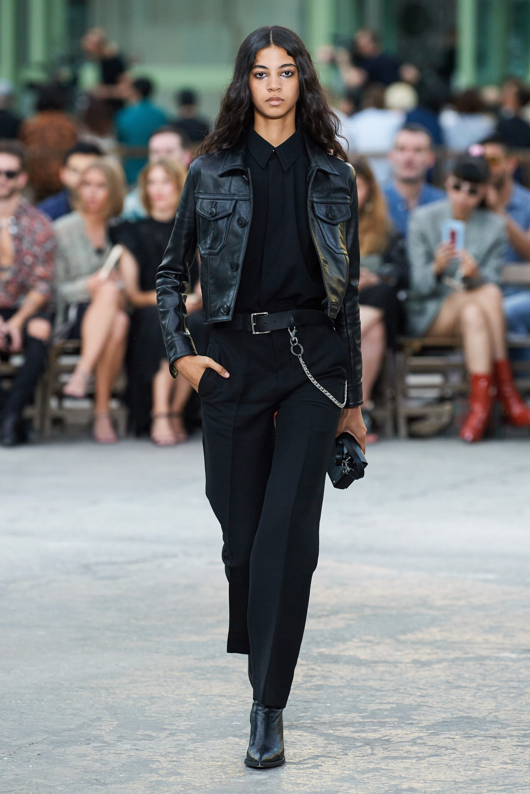 black leather jacket and tailored pants