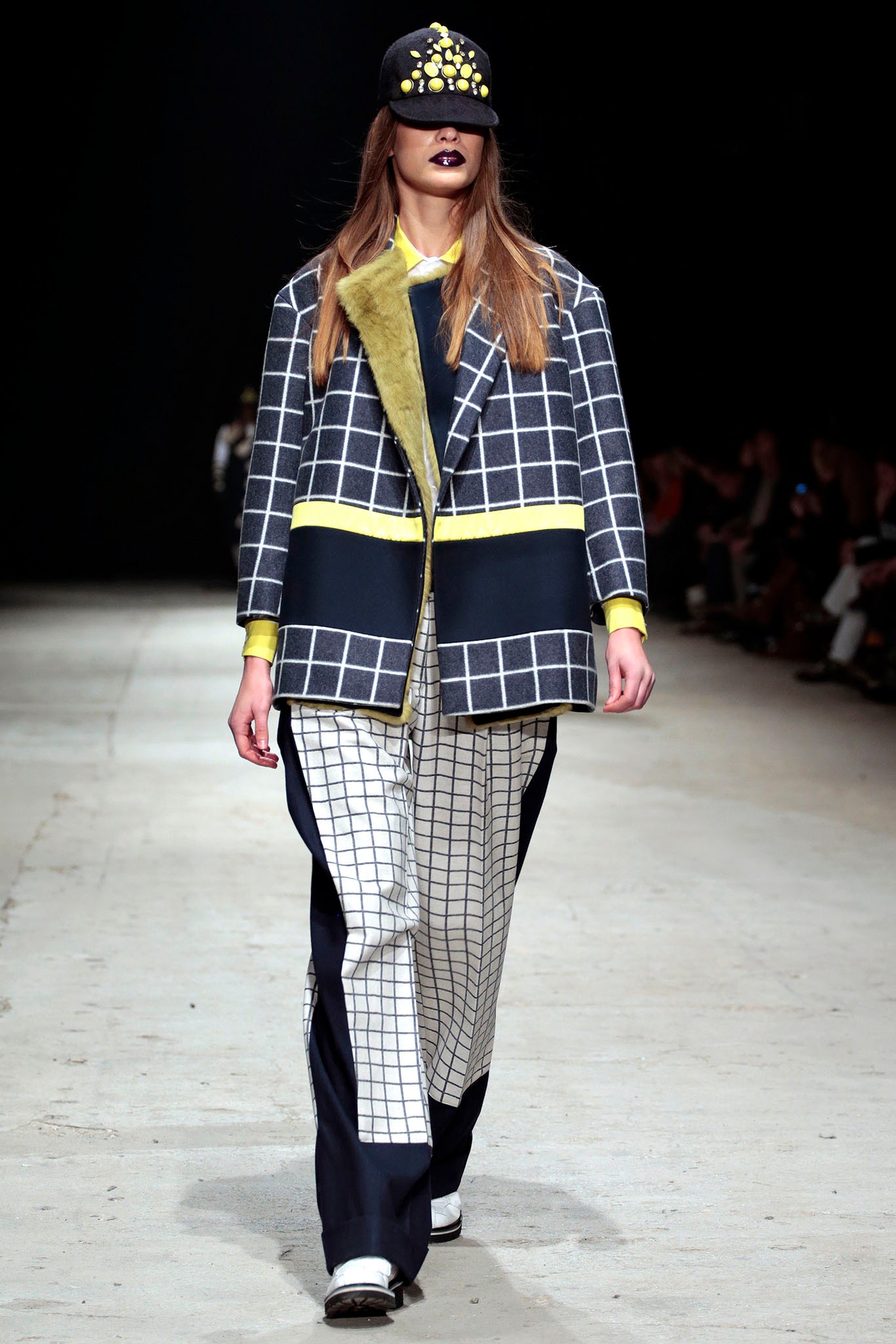 blue checked jacket with wide-leg pants