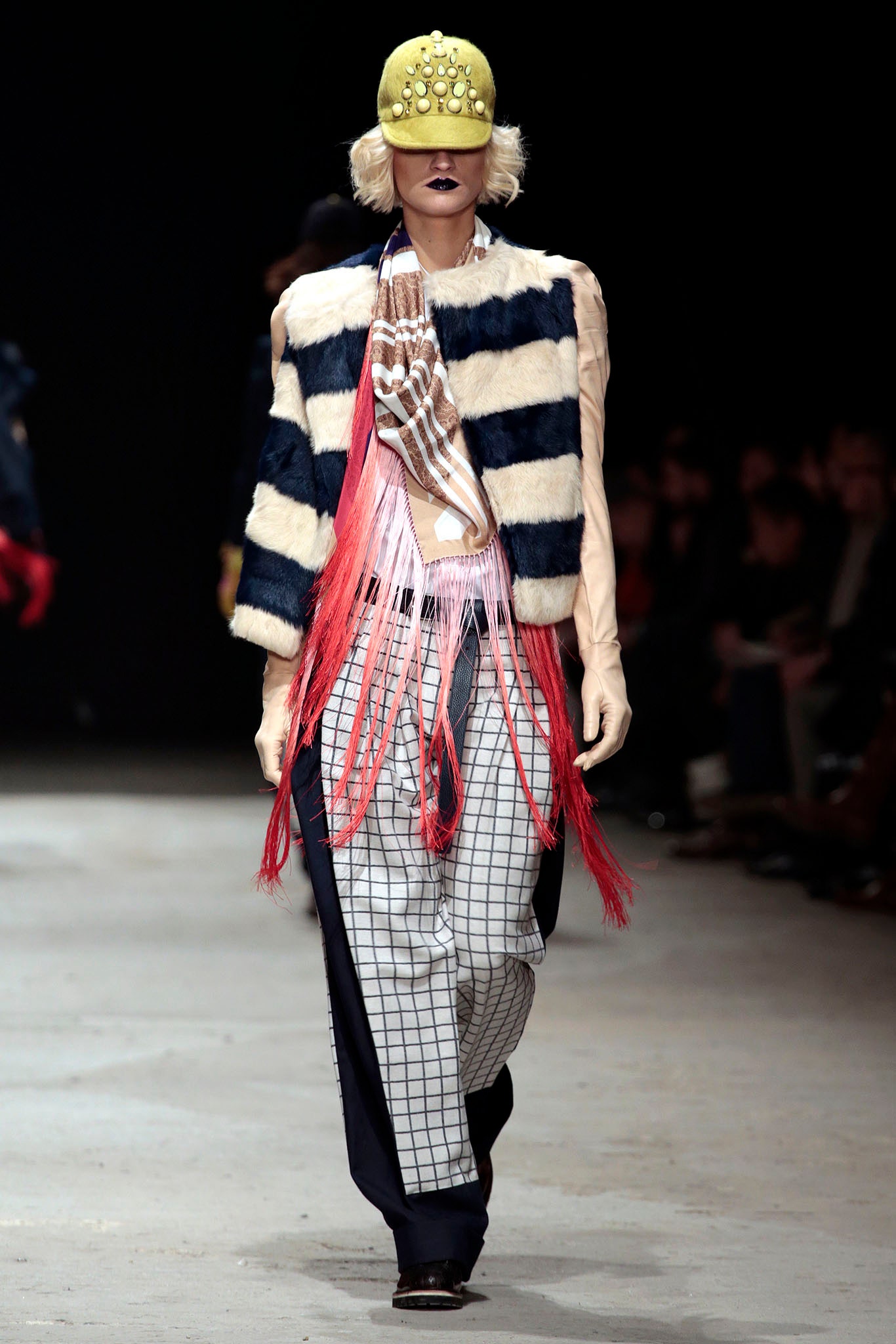 blue striped fur jacket with checked pants