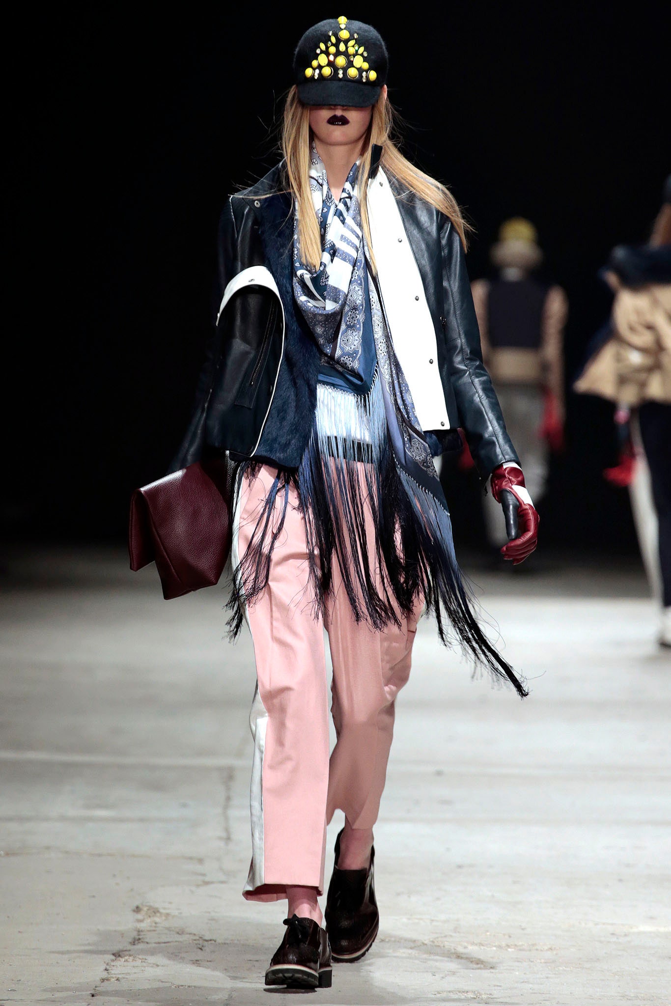 black leather jacket with pink pants