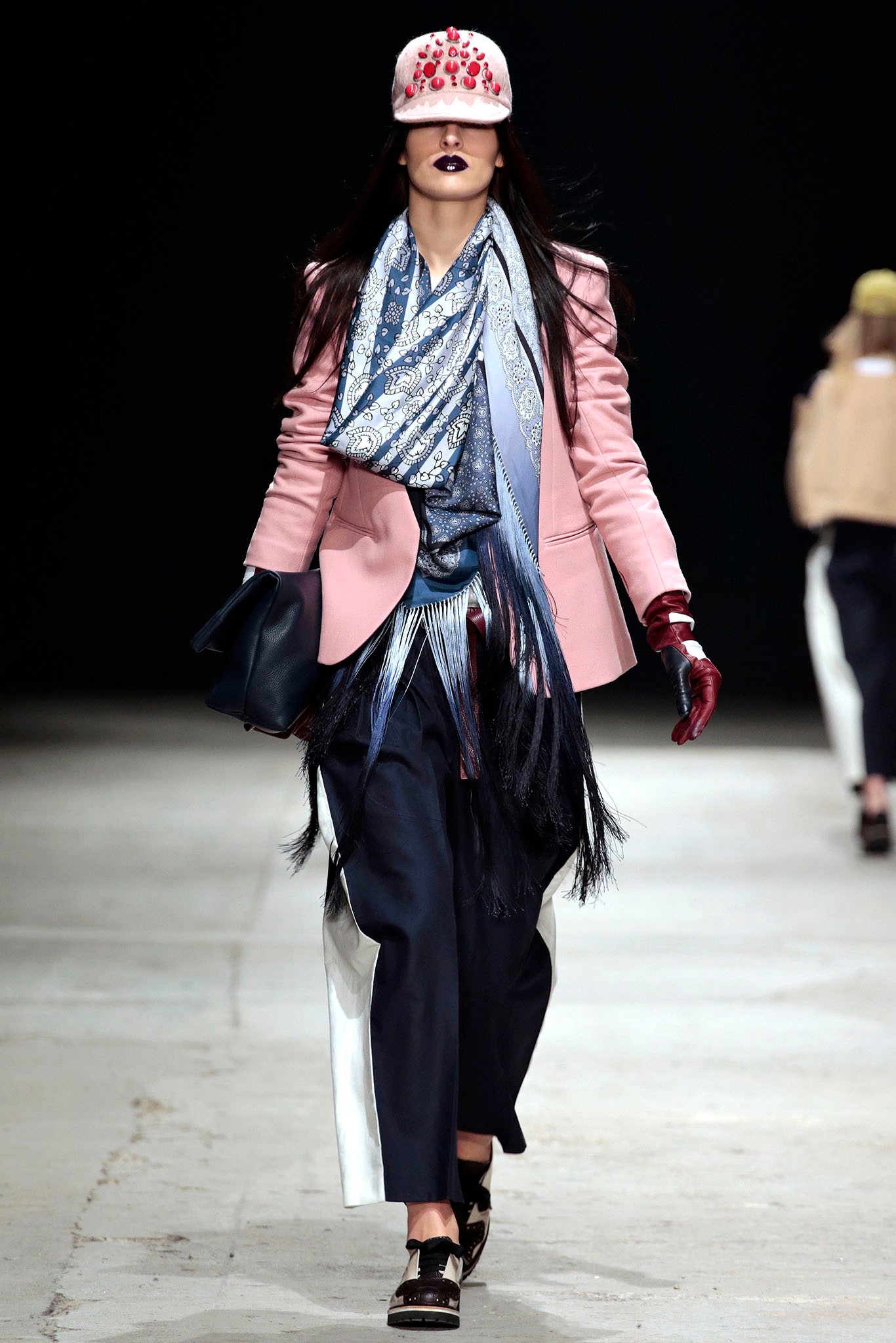 pink tailored blazer with scarf